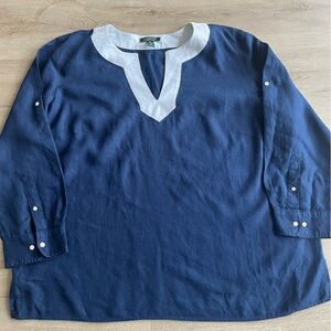 Lauren Ralph Lauren Navy and White Linen Plus Size Top Tunic SZ 3X